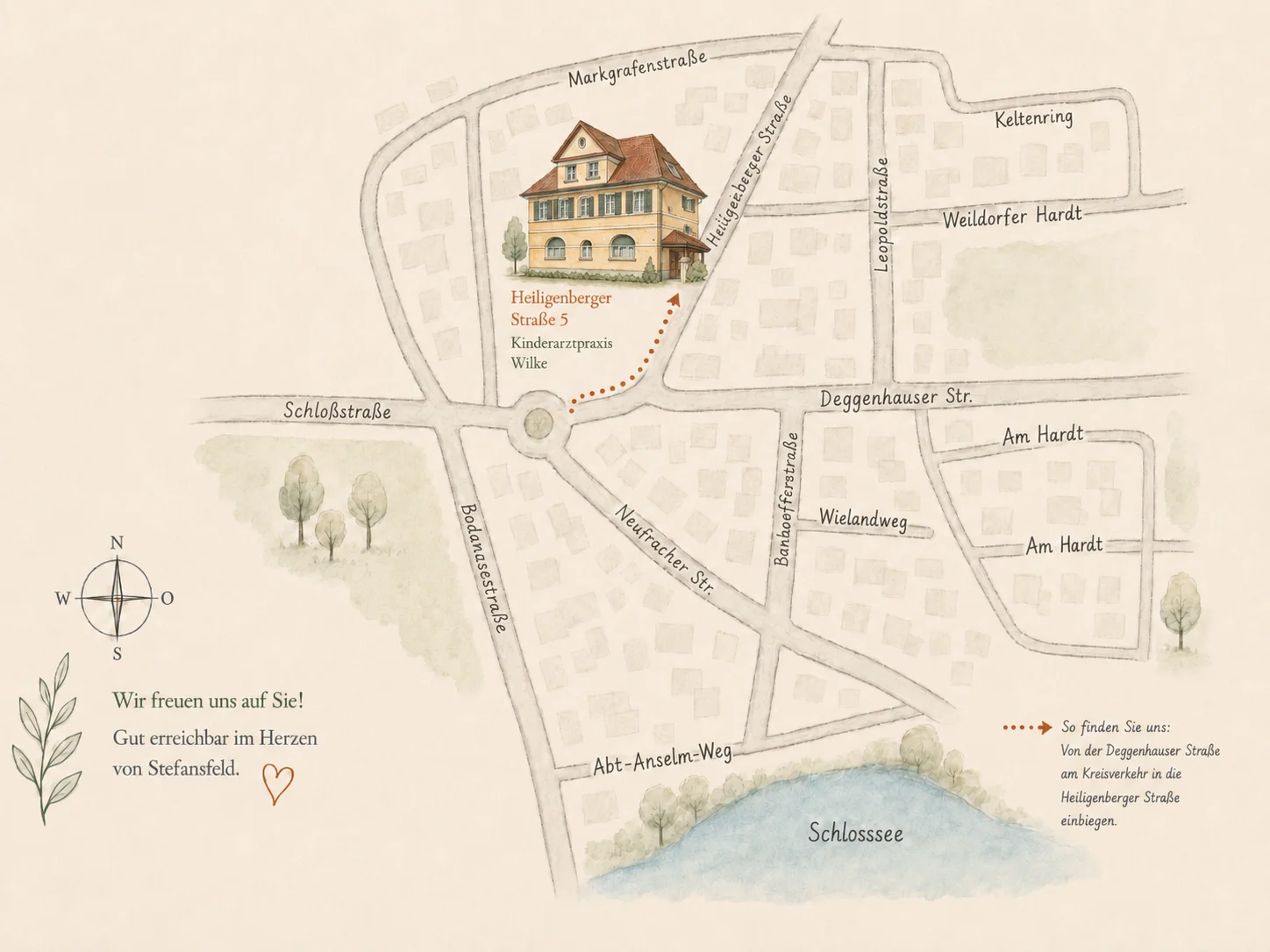 Gezeichneter Lageplan von Stefansfeld: Die Praxis liegt an der Heiligenberger Straße 5, nördlich des Schlosssees, erreichbar über den Kreisverkehr an der Deggenhauser Straße.