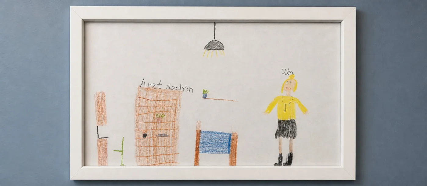 Gerahmte Kinderzeichnung mit Behandlungsliege, Schrank „Arztsachen“ und Frau Wilke mit Stethoskop.